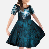 New Zealand Matariki Waita Family Matching Off Shoulder Short Dress and Hawaiian Shirt Maori Moko Dark Blue Galaxy LT05 Daughter's Dress Blue - Polynesian Pride