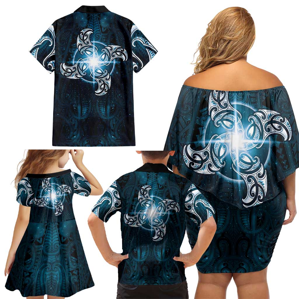 New Zealand Matariki Waita Family Matching Off Shoulder Short Dress and Hawaiian Shirt Maori Moko Dark Blue Galaxy LT05 - Polynesian Pride