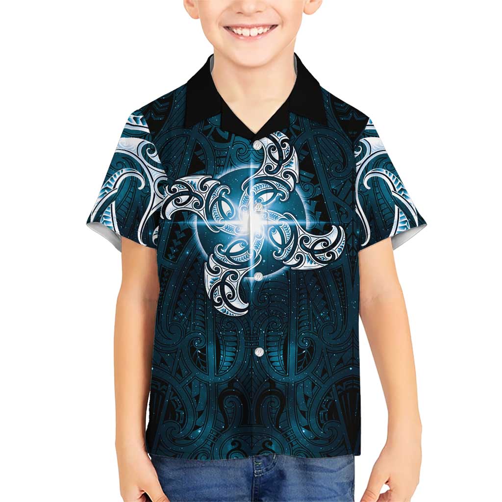 New Zealand Matariki Waita Family Matching Off Shoulder Short Dress and Hawaiian Shirt Maori Moko Dark Blue Galaxy LT05 Son's Shirt Blue - Polynesian Pride