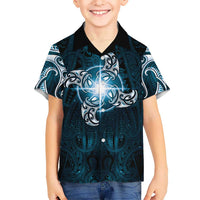 New Zealand Matariki Waita Family Matching Off Shoulder Short Dress and Hawaiian Shirt Maori Moko Dark Blue Galaxy LT05 Son's Shirt Blue - Polynesian Pride