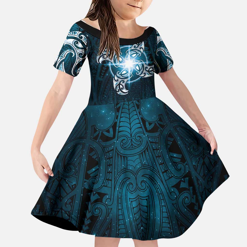 New Zealand Matariki Waita Family Matching Short Sleeve Bodycon Dress and Hawaiian Shirt Maori Moko Dark Blue Galaxy LT05 Daughter's Dress Blue - Polynesian Pride
