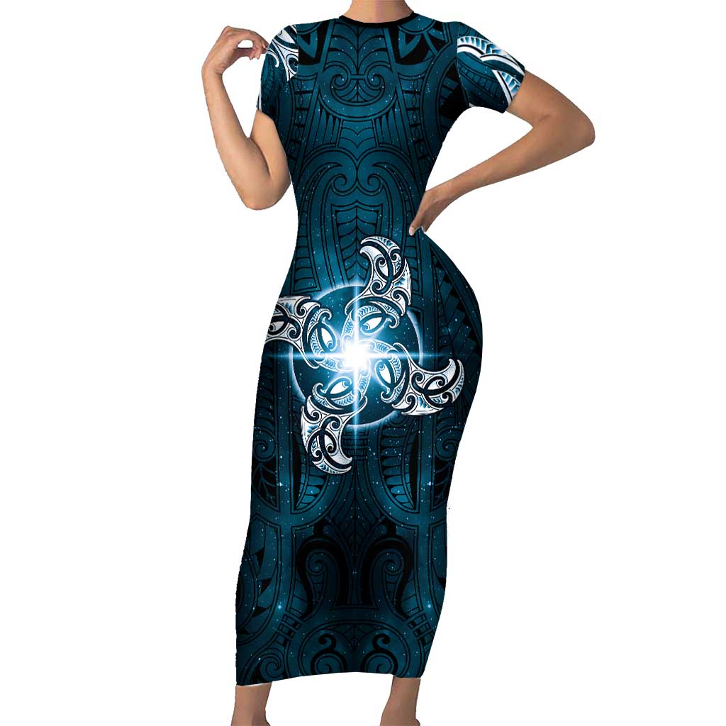 New Zealand Matariki Waita Family Matching Short Sleeve Bodycon Dress and Hawaiian Shirt Maori Moko Dark Blue Galaxy LT05 Mom's Dress Blue - Polynesian Pride