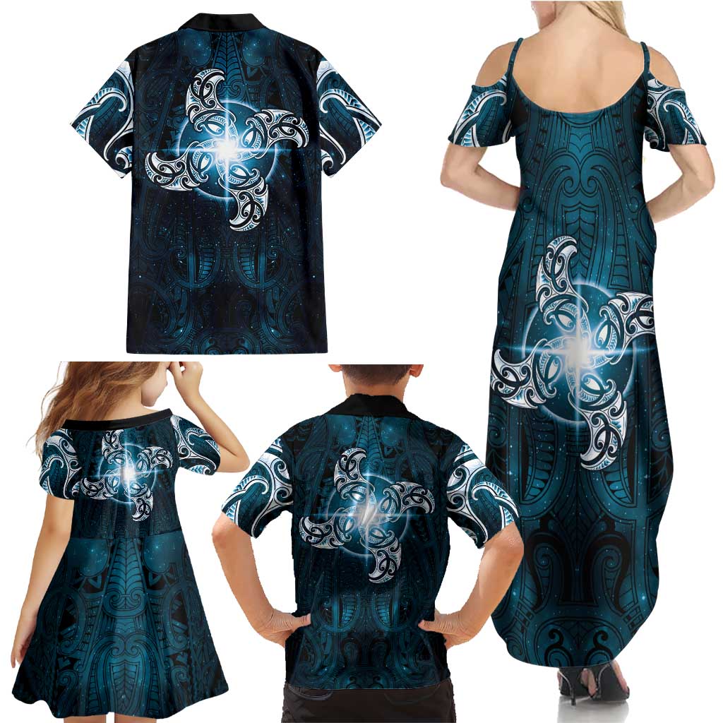 New Zealand Matariki Waita Family Matching Summer Maxi Dress and Hawaiian Shirt Maori Moko Dark Blue Galaxy LT05 - Polynesian Pride