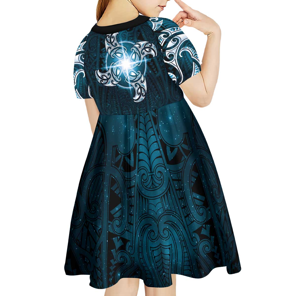 New Zealand Matariki Waita Kid Short Sleeve Dress Maori Moko Dark Blue Galaxy