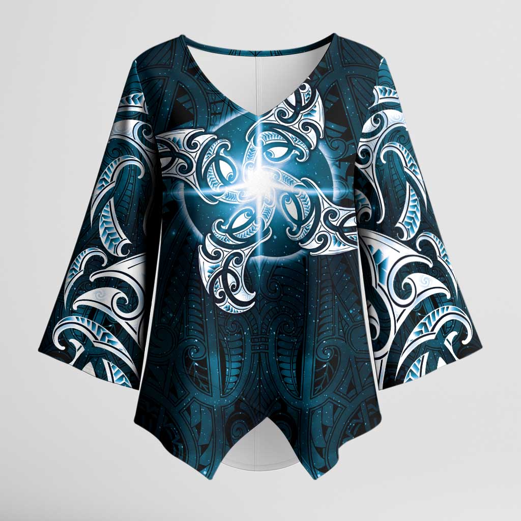 New Zealand Matariki Waita Kimono Sleeve Blouse Maori Moko Dark Blue Galaxy