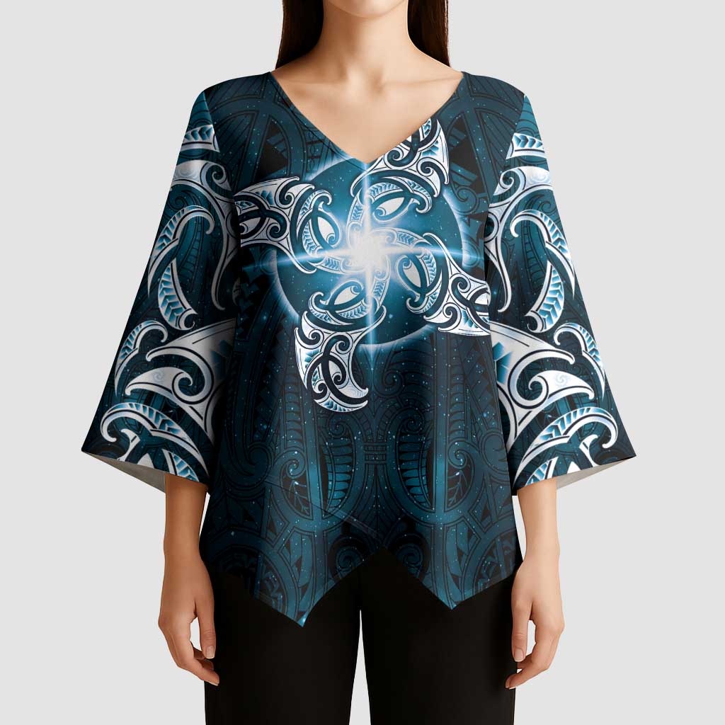 New Zealand Matariki Waita Kimono Sleeve Blouse Maori Moko Dark Blue Galaxy
