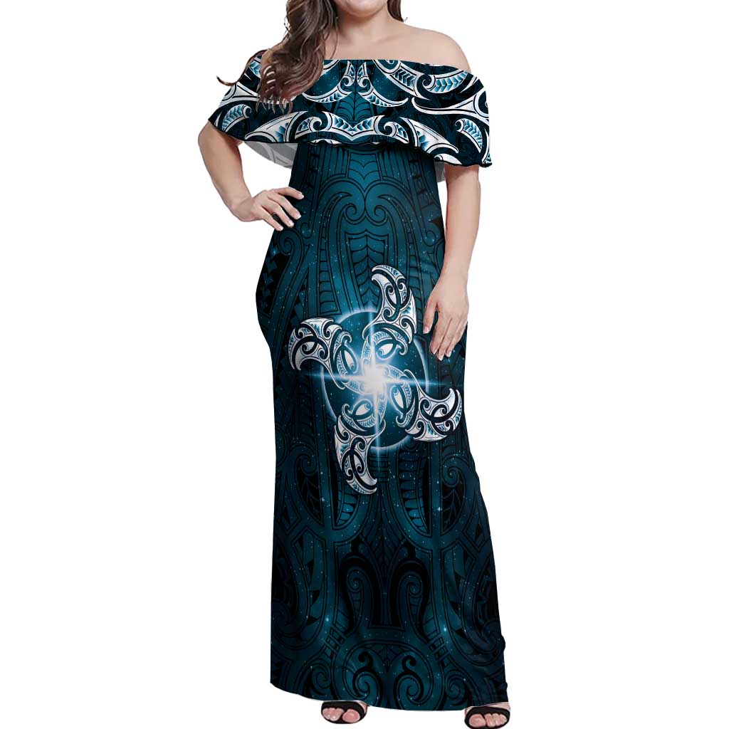 New Zealand Matariki Waita Off Shoulder Maxi Dress Maori Moko Dark Blue Galaxy