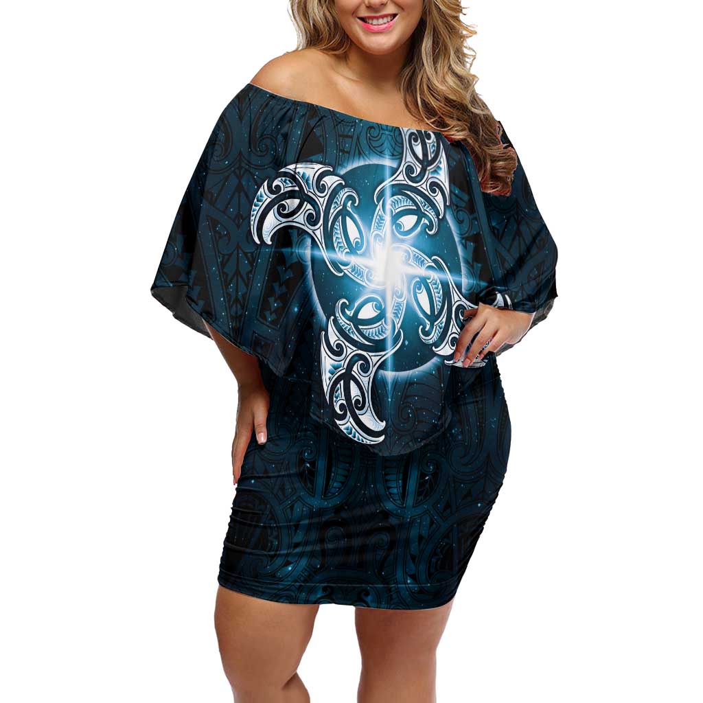 New Zealand Matariki Waita Off Shoulder Short Dress Maori Moko Dark Blue Galaxy