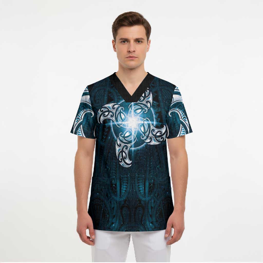 New Zealand Matariki Waita Scrub Top Maori Moko Dark Blue Galaxy