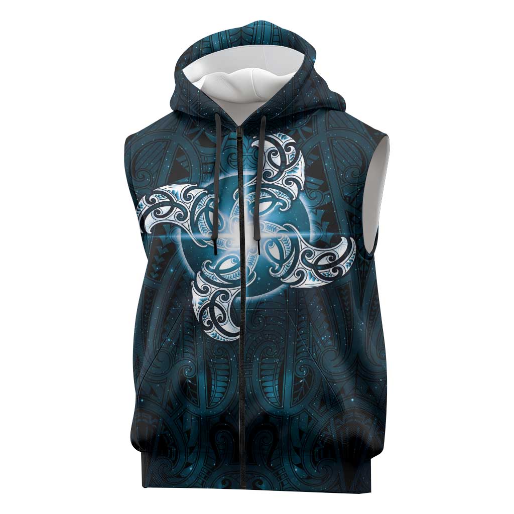 New Zealand Matariki Waita Sleeveless Zip Hoodie Maori Moko Dark Blue Galaxy