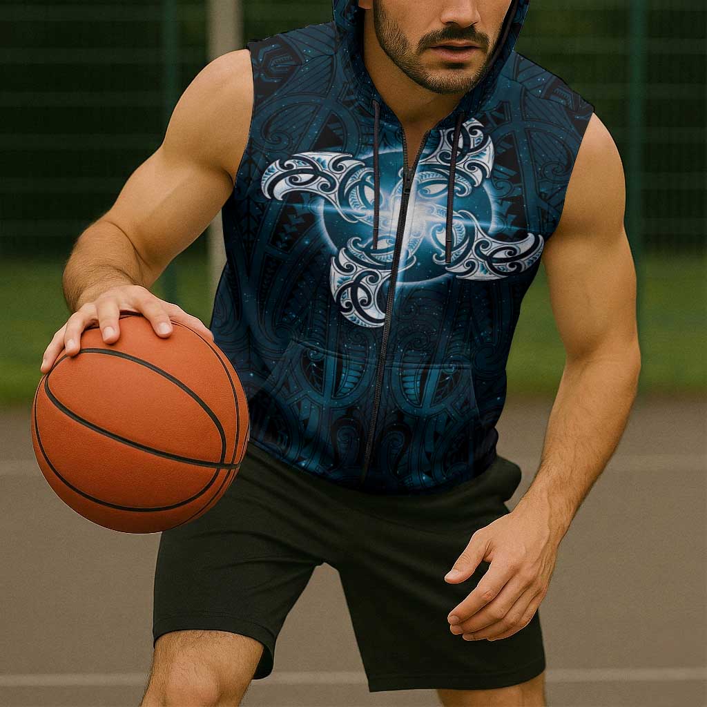 New Zealand Matariki Waita Sleeveless Zip Hoodie Maori Moko Dark Blue Galaxy