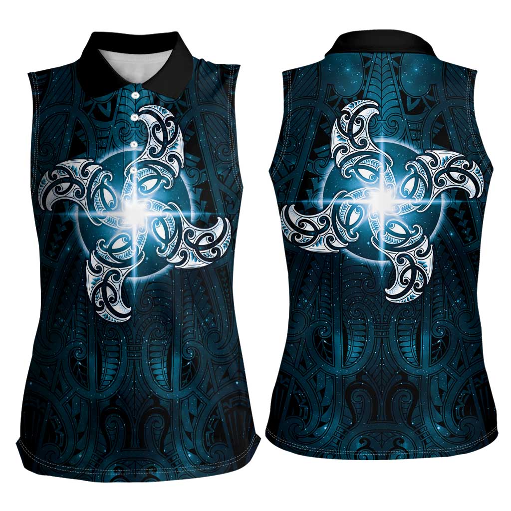 New Zealand Matariki Waita Women Sleeveless Polo Shirt Maori Moko Dark Blue Galaxy