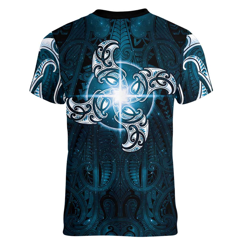 New Zealand Matariki Waita Women V-Neck T-Shirt Maori Moko Dark Blue Galaxy
