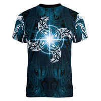 New Zealand Matariki Waita Women V-Neck T-Shirt Maori Moko Dark Blue Galaxy