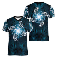 New Zealand Matariki Waita Women V-Neck T-Shirt Maori Moko Dark Blue Galaxy