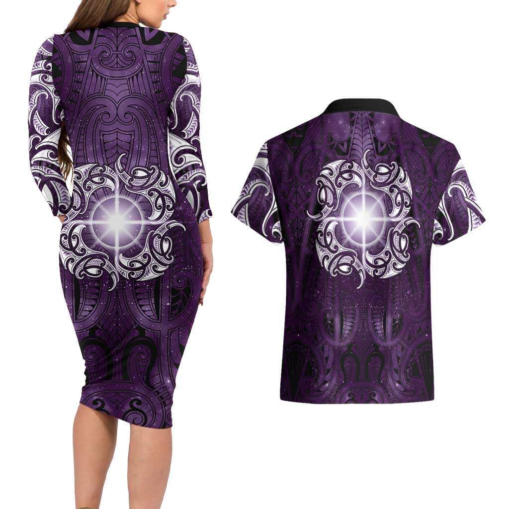 New Zealand Matariki Waipunarangi Couples Matching Long Sleeve Bodycon Dress and Hawaiian Shirt Maori Moko Purple Galaxy LT05 - Polynesian Pride