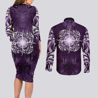 New Zealand Matariki Waipunarangi Couples Matching Long Sleeve Bodycon Dress and Long Sleeve Button Shirt Maori Moko Purple Galaxy LT05 - Polynesian Pride