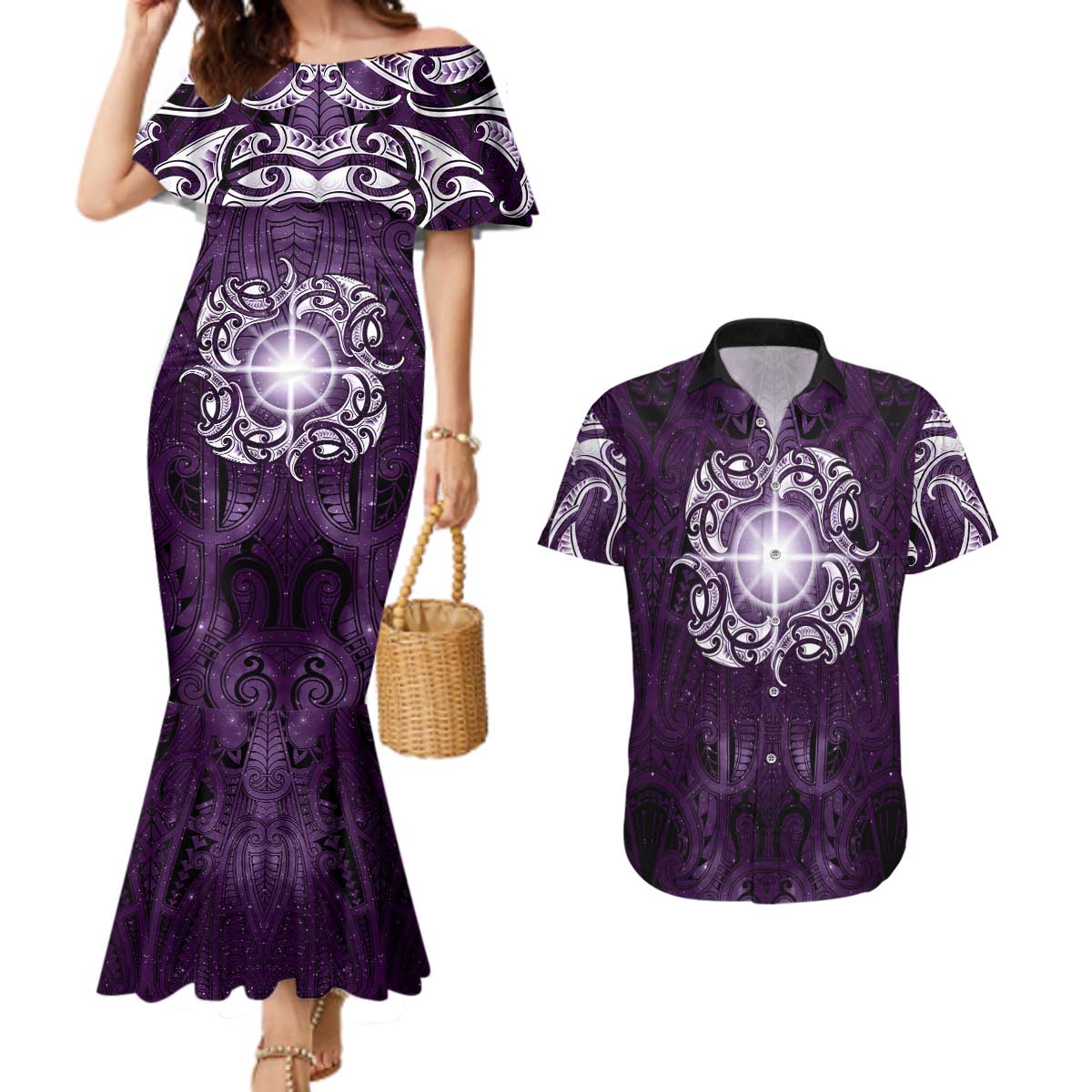 New Zealand Matariki Waipunarangi Couples Matching Mermaid Dress and Hawaiian Shirt Maori Moko Purple Galaxy LT05 Purple - Polynesian Pride