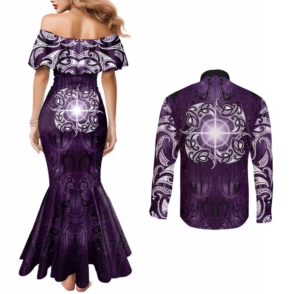 New Zealand Matariki Waipunarangi Couples Matching Mermaid Dress and Long Sleeve Button Shirt Maori Moko Purple Galaxy LT05 - Polynesian Pride