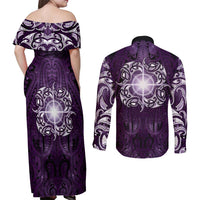 New Zealand Matariki Waipunarangi Couples Matching Off Shoulder Maxi Dress and Long Sleeve Button Shirt Maori Moko Purple Galaxy LT05 - Polynesian Pride
