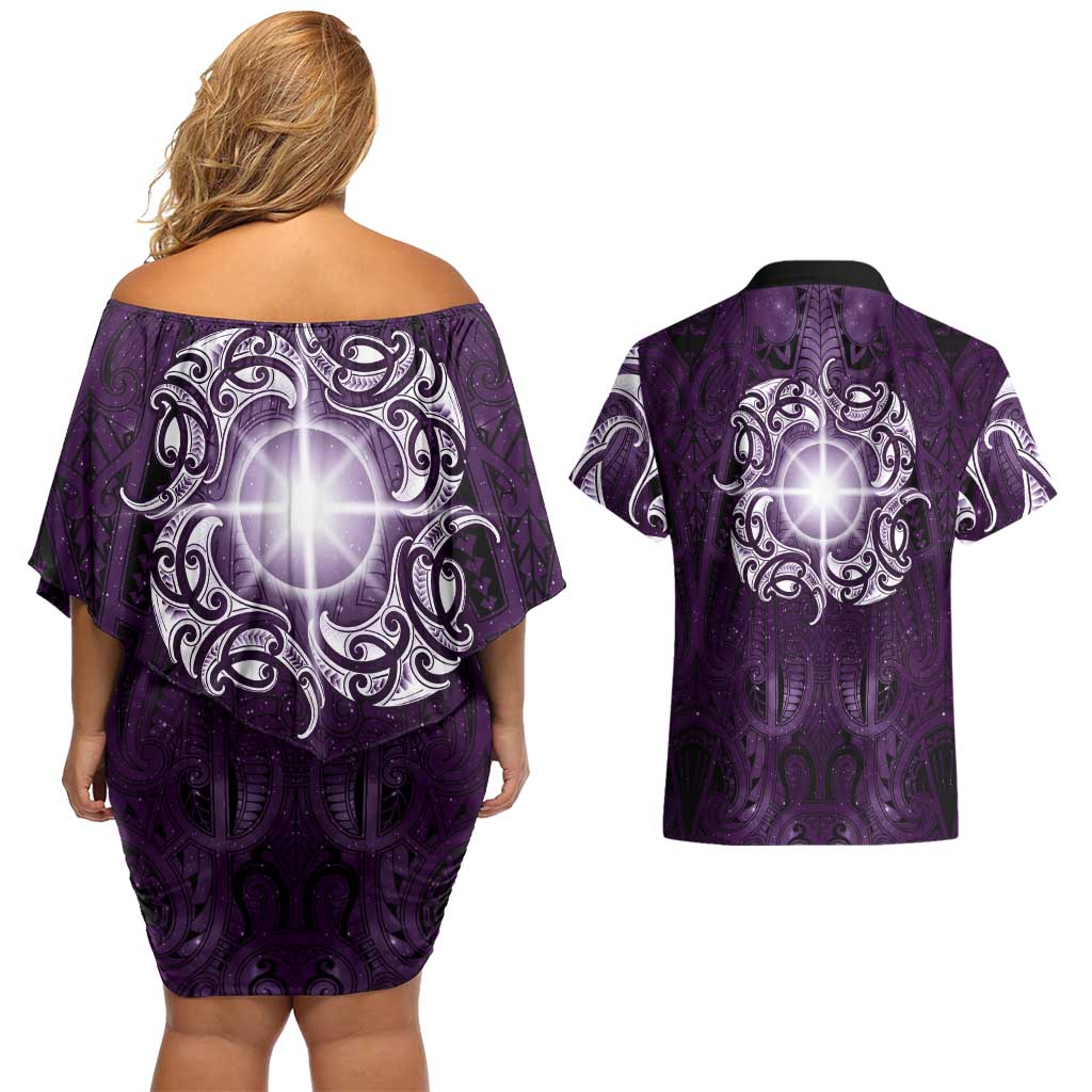 New Zealand Matariki Waipunarangi Couples Matching Off Shoulder Short Dress and Hawaiian Shirt Maori Moko Purple Galaxy LT05 - Polynesian Pride