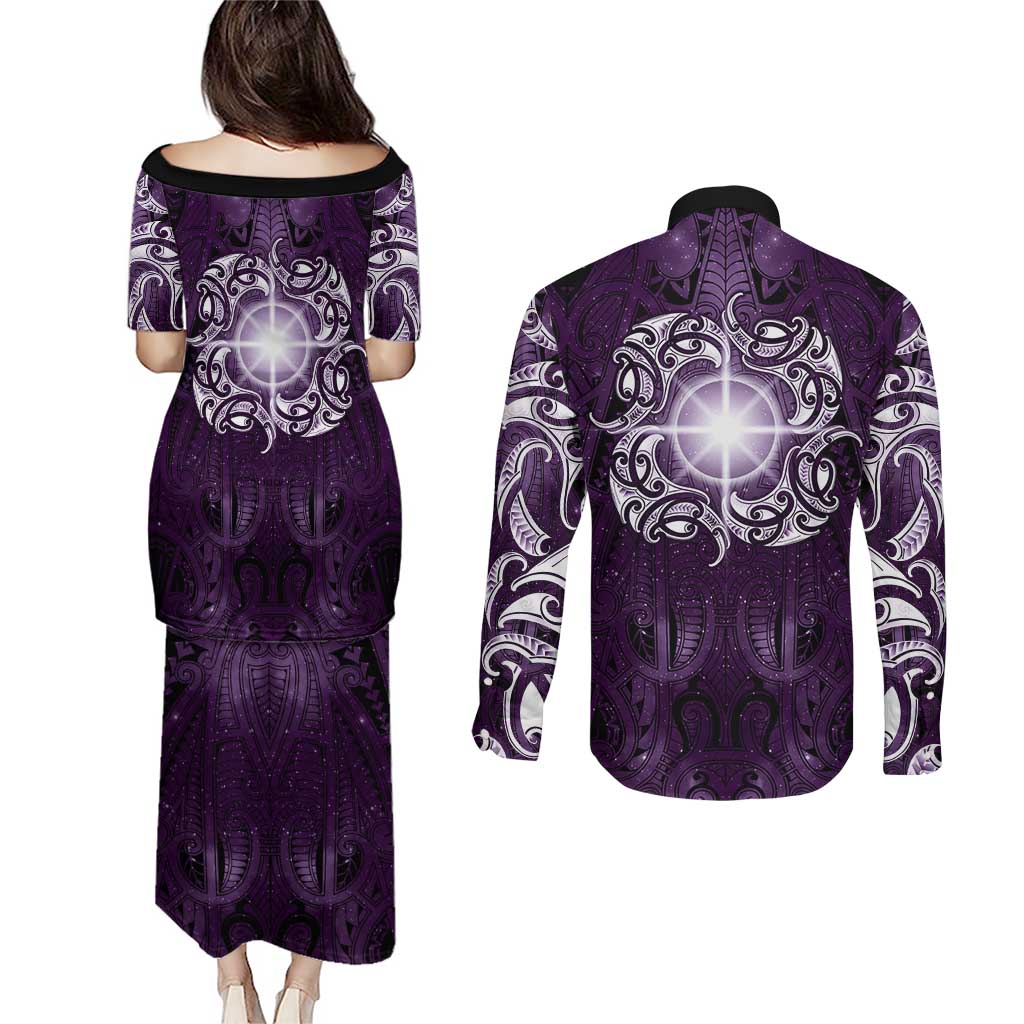New Zealand Matariki Waipunarangi Couples Matching Puletasi and Long Sleeve Button Shirt Maori Moko Purple Galaxy LT05 - Polynesian Pride