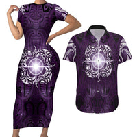 New Zealand Matariki Waipunarangi Couples Matching Short Sleeve Bodycon Dress and Hawaiian Shirt Maori Moko Purple Galaxy LT05 Purple - Polynesian Pride