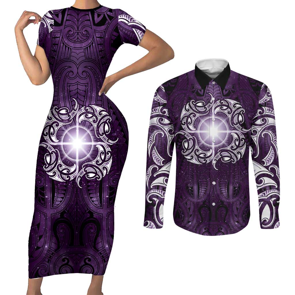 New Zealand Matariki Waipunarangi Couples Matching Short Sleeve Bodycon Dress and Long Sleeve Button Shirt Maori Moko Purple Galaxy