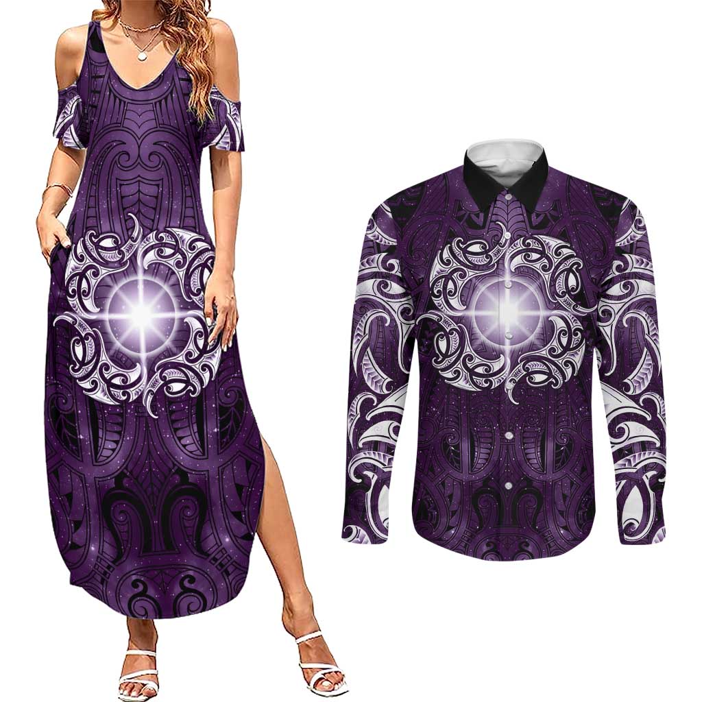 New Zealand Matariki Waipunarangi Couples Matching Summer Maxi Dress and Long Sleeve Button Shirt Maori Moko Purple Galaxy LT05 Purple - Polynesian Pride
