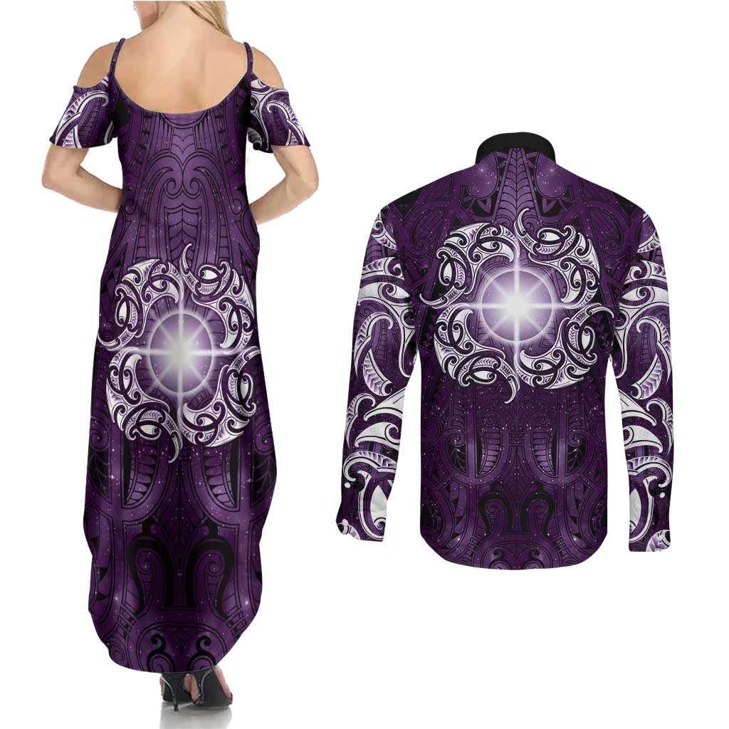 New Zealand Matariki Waipunarangi Couples Matching Summer Maxi Dress and Long Sleeve Button Shirt Maori Moko Purple Galaxy LT05 - Polynesian Pride