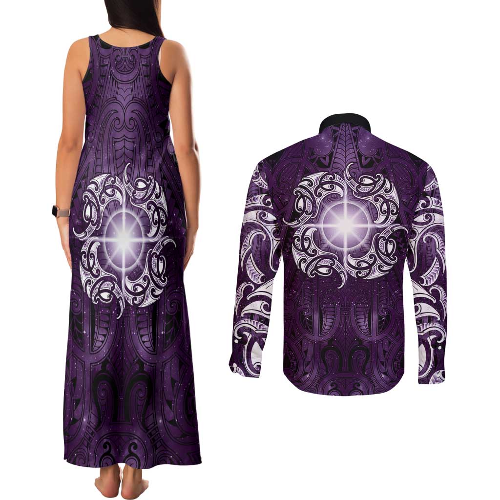 New Zealand Matariki Waipunarangi Couples Matching Tank Maxi Dress and Long Sleeve Button Shirt Maori Moko Purple Galaxy LT05 - Polynesian Pride