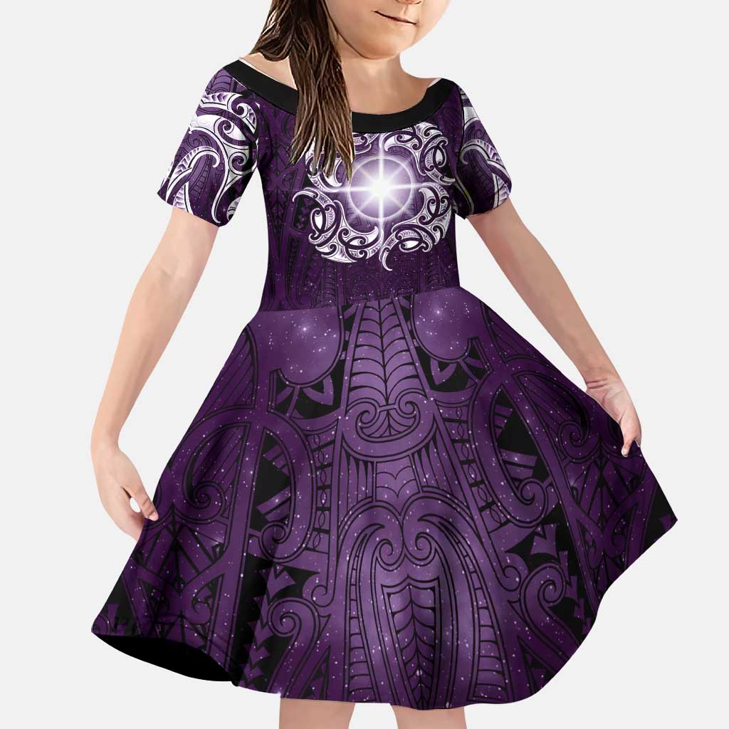 New Zealand Matariki Waipunarangi Family Matching Long Sleeve Bodycon Dress and Hawaiian Shirt Maori Moko Purple Galaxy LT05 Daughter's Dress Purple - Polynesian Pride