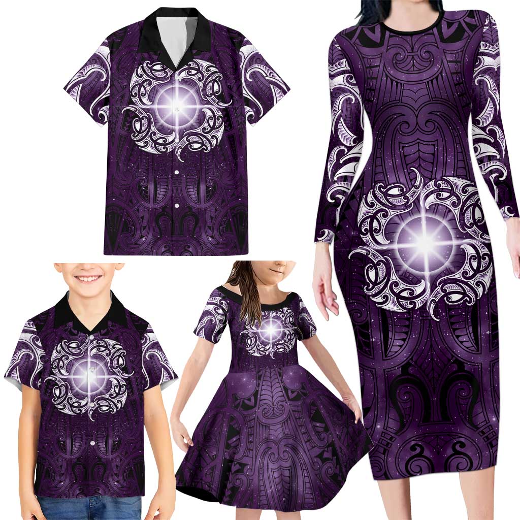 New Zealand Matariki Waipunarangi Family Matching Long Sleeve Bodycon Dress and Hawaiian Shirt Maori Moko Purple Galaxy