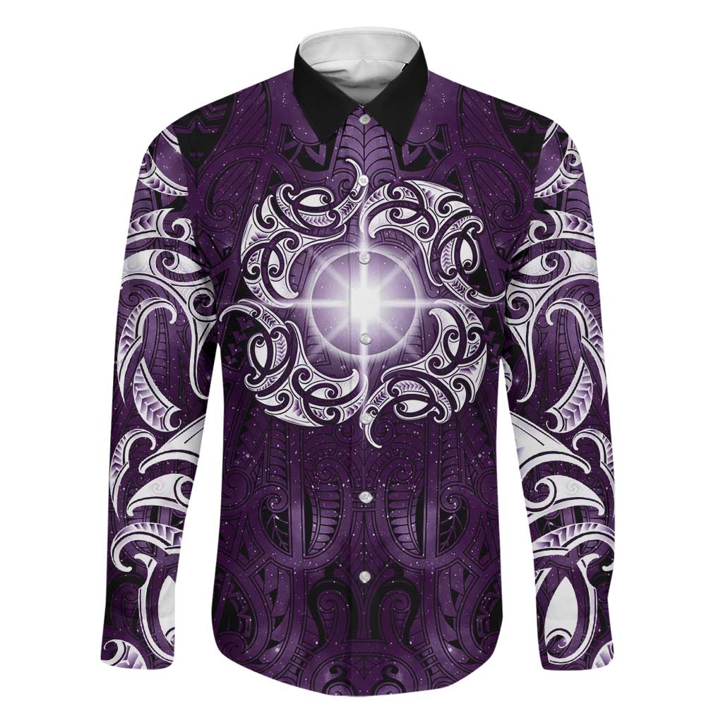 New Zealand Matariki Waipunarangi Family Matching Long Sleeve Bodycon Dress and Hawaiian Shirt Maori Moko Purple Galaxy LT05 Dad's Shirt - Long Sleeve Purple - Polynesian Pride
