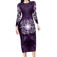 New Zealand Matariki Waipunarangi Family Matching Long Sleeve Bodycon Dress and Hawaiian Shirt Maori Moko Purple Galaxy LT05 Mom's Dress Purple - Polynesian Pride