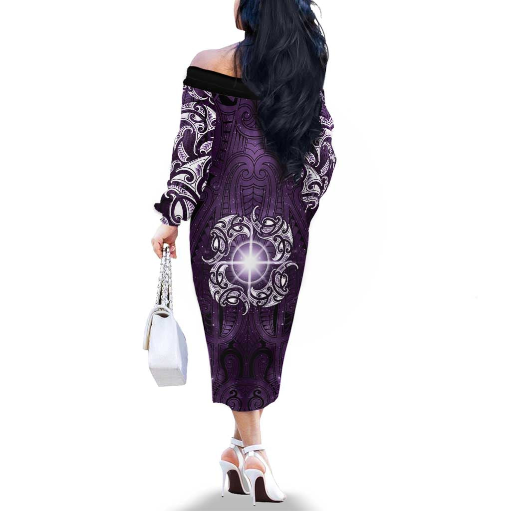 New Zealand Matariki Waipunarangi Family Matching Off The Shoulder Long Sleeve Dress and Hawaiian Shirt Maori Moko Purple Galaxy LT05 - Polynesian Pride
