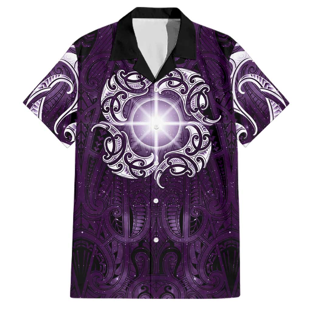 New Zealand Matariki Waipunarangi Family Matching Off Shoulder Maxi Dress and Hawaiian Shirt Maori Moko Purple Galaxy LT05 Dad's Shirt - Short Sleeve Purple - Polynesian Pride