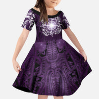 New Zealand Matariki Waipunarangi Family Matching Off Shoulder Short Dress and Hawaiian Shirt Maori Moko Purple Galaxy LT05 Daughter's Dress Purple - Polynesian Pride