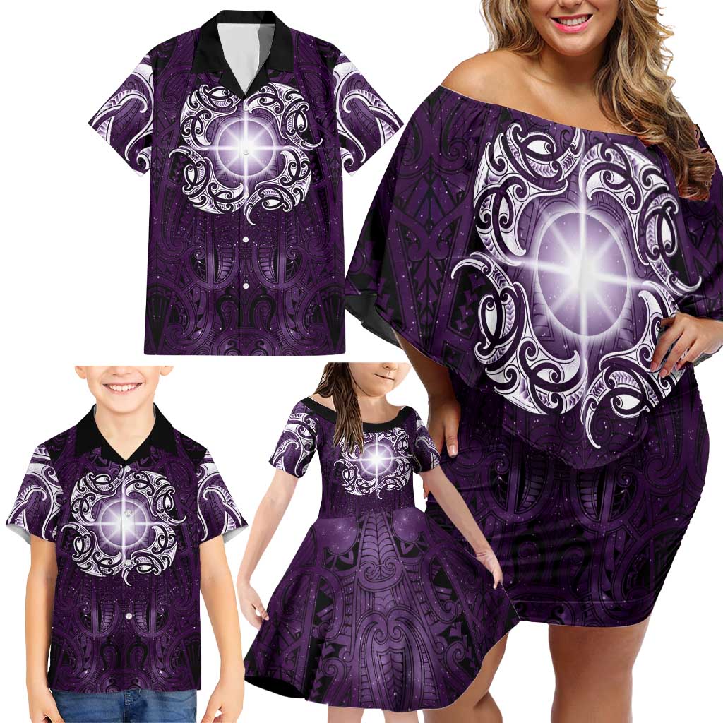 New Zealand Matariki Waipunarangi Family Matching Off Shoulder Short Dress and Hawaiian Shirt Maori Moko Purple Galaxy