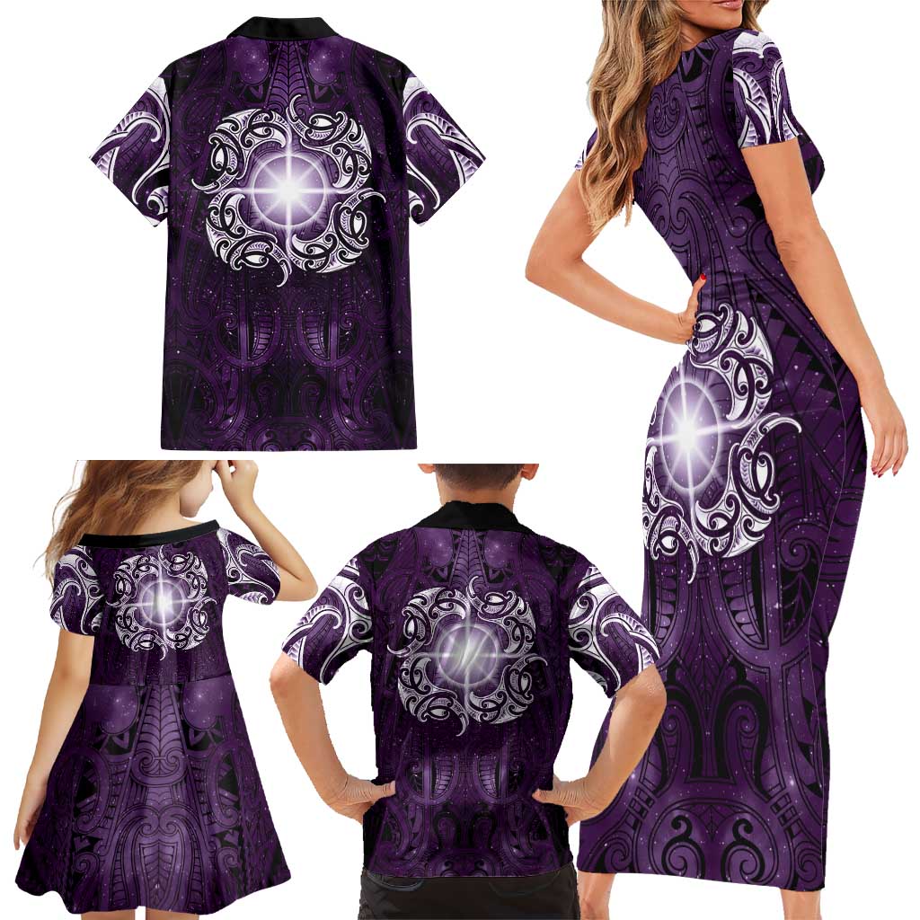 New Zealand Matariki Waipunarangi Family Matching Short Sleeve Bodycon Dress and Hawaiian Shirt Maori Moko Purple Galaxy LT05 - Polynesian Pride