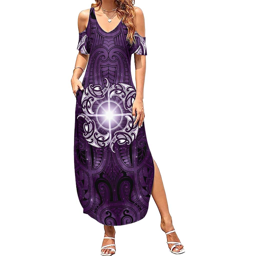New Zealand Matariki Waipunarangi Family Matching Summer Maxi Dress and Hawaiian Shirt Maori Moko Purple Galaxy LT05 Mom's Dress Purple - Polynesian Pride