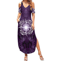 New Zealand Matariki Waipunarangi Family Matching Summer Maxi Dress and Hawaiian Shirt Maori Moko Purple Galaxy LT05 Mom's Dress Purple - Polynesian Pride