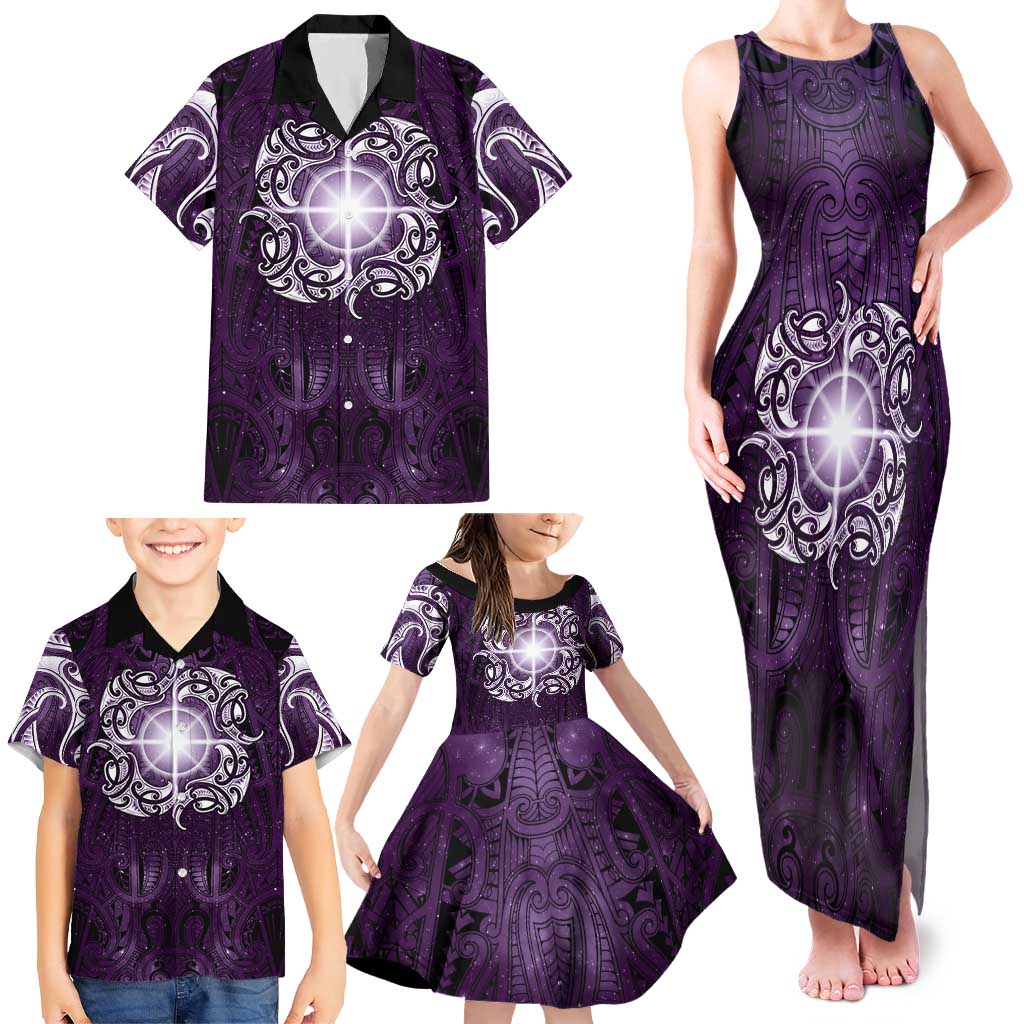 New Zealand Matariki Waipunarangi Family Matching Tank Maxi Dress and Hawaiian Shirt Maori Moko Purple Galaxy