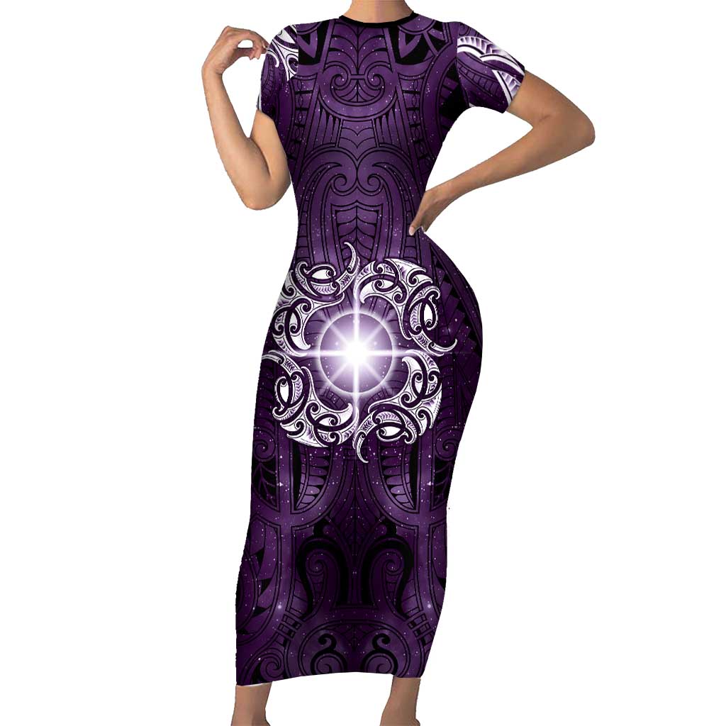 New Zealand Matariki Waipunarangi Short Sleeve Bodycon Dress Maori Moko Purple Galaxy