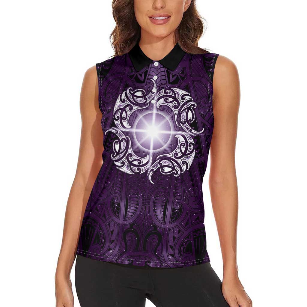 New Zealand Matariki Waipunarangi Women Sleeveless Polo Shirt Maori Moko Purple Galaxy LT05 - Polynesian Pride