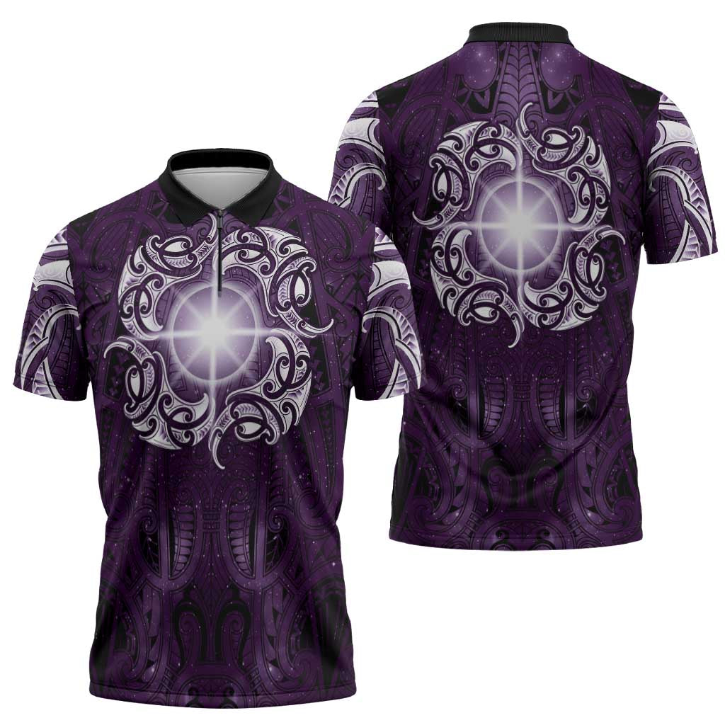 New Zealand Matariki Waipunarangi Zipper Polo Shirt Maori Moko Purple Galaxy LT05 - Polynesian Pride