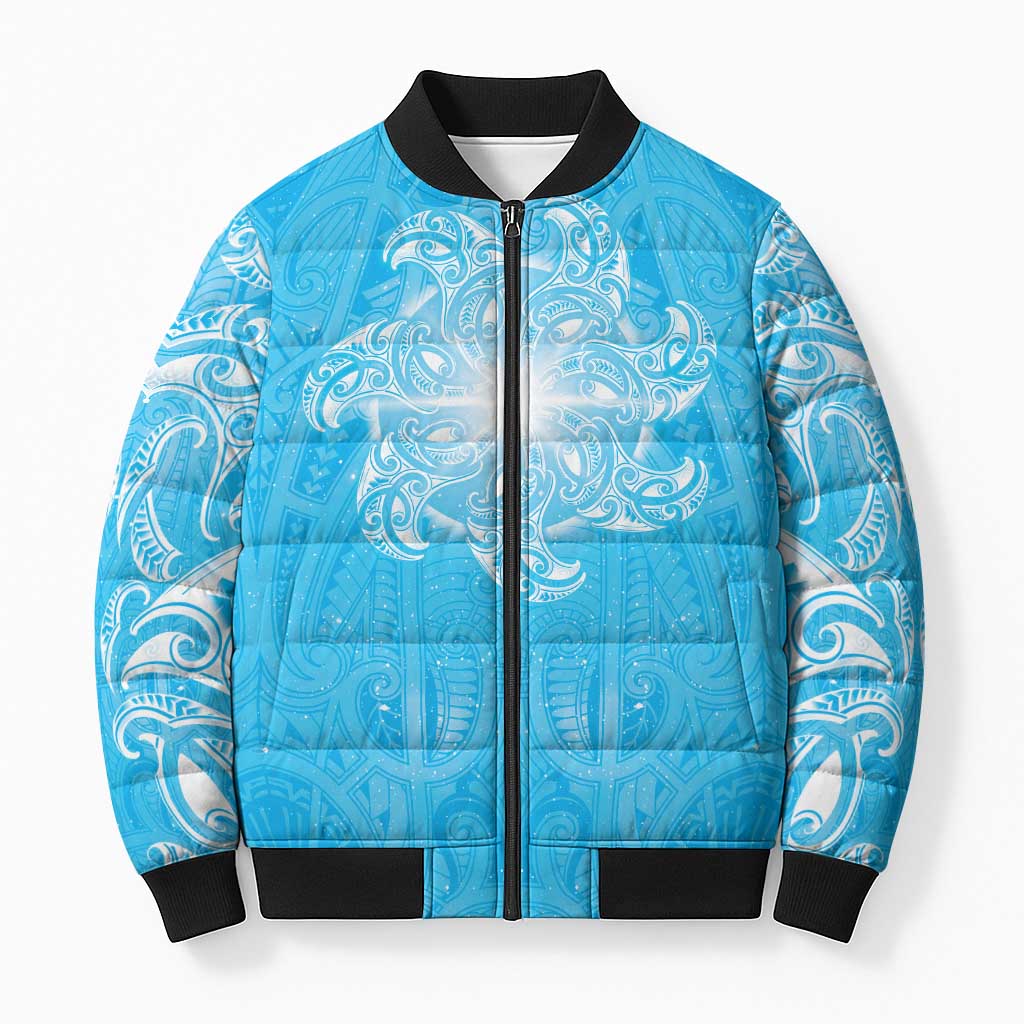 New Zealand Matariki Waiti Bomber Puffer Jacket Maori Moko Cyan Galaxy