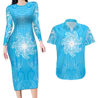 New Zealand Matariki Waiti Couples Matching Long Sleeve Bodycon Dress and Hawaiian Shirt Maori Moko Cyan Galaxy LT05 Cyan - Polynesian Pride