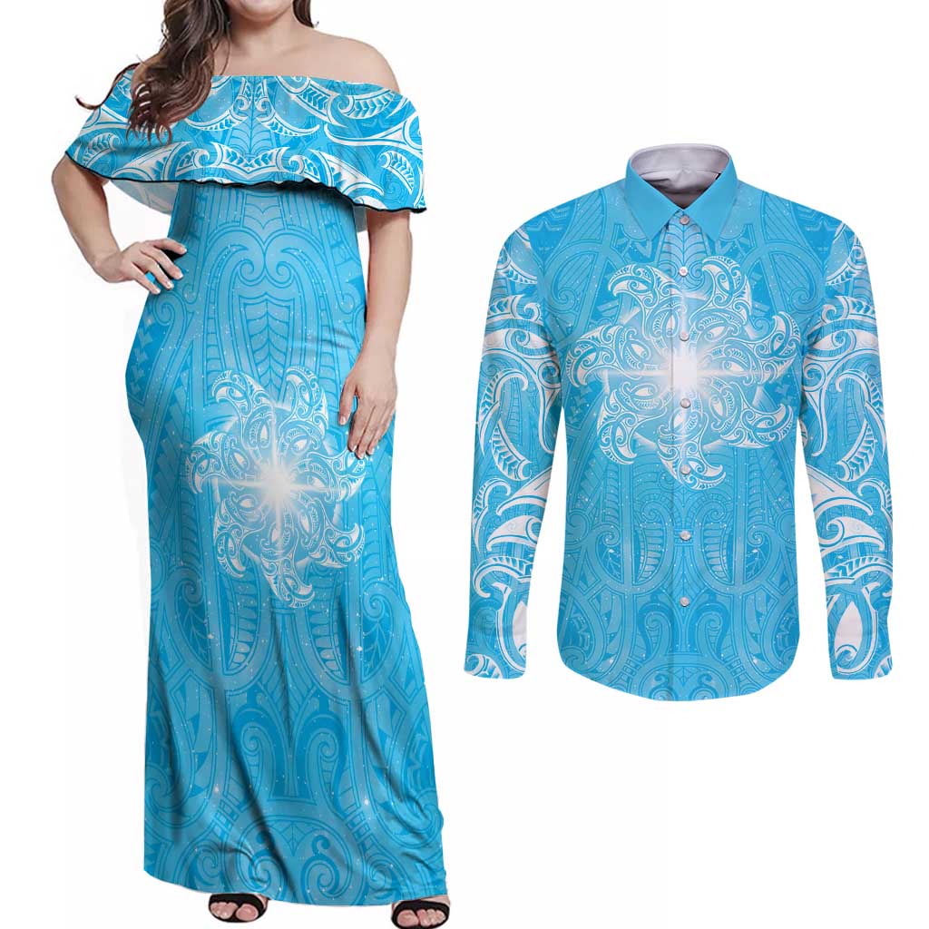 New Zealand Matariki Waiti Couples Matching Off Shoulder Maxi Dress and Long Sleeve Button Shirt Maori Moko Cyan Galaxy