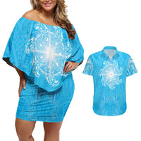 New Zealand Matariki Waiti Couples Matching Off Shoulder Short Dress and Hawaiian Shirt Maori Moko Cyan Galaxy LT05 Cyan - Polynesian Pride